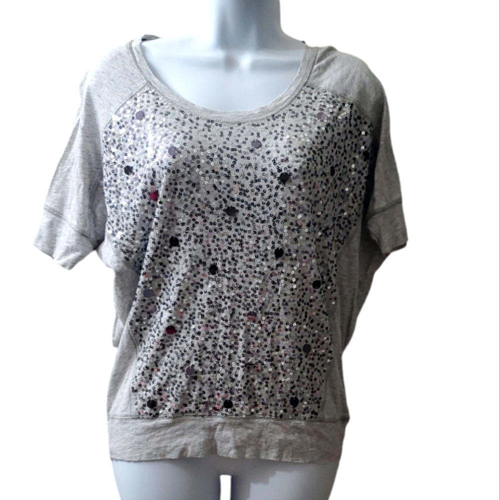 Vintage Express Womens Grey Sequined Blingee Shortsleeve Bat Wing Top 2011